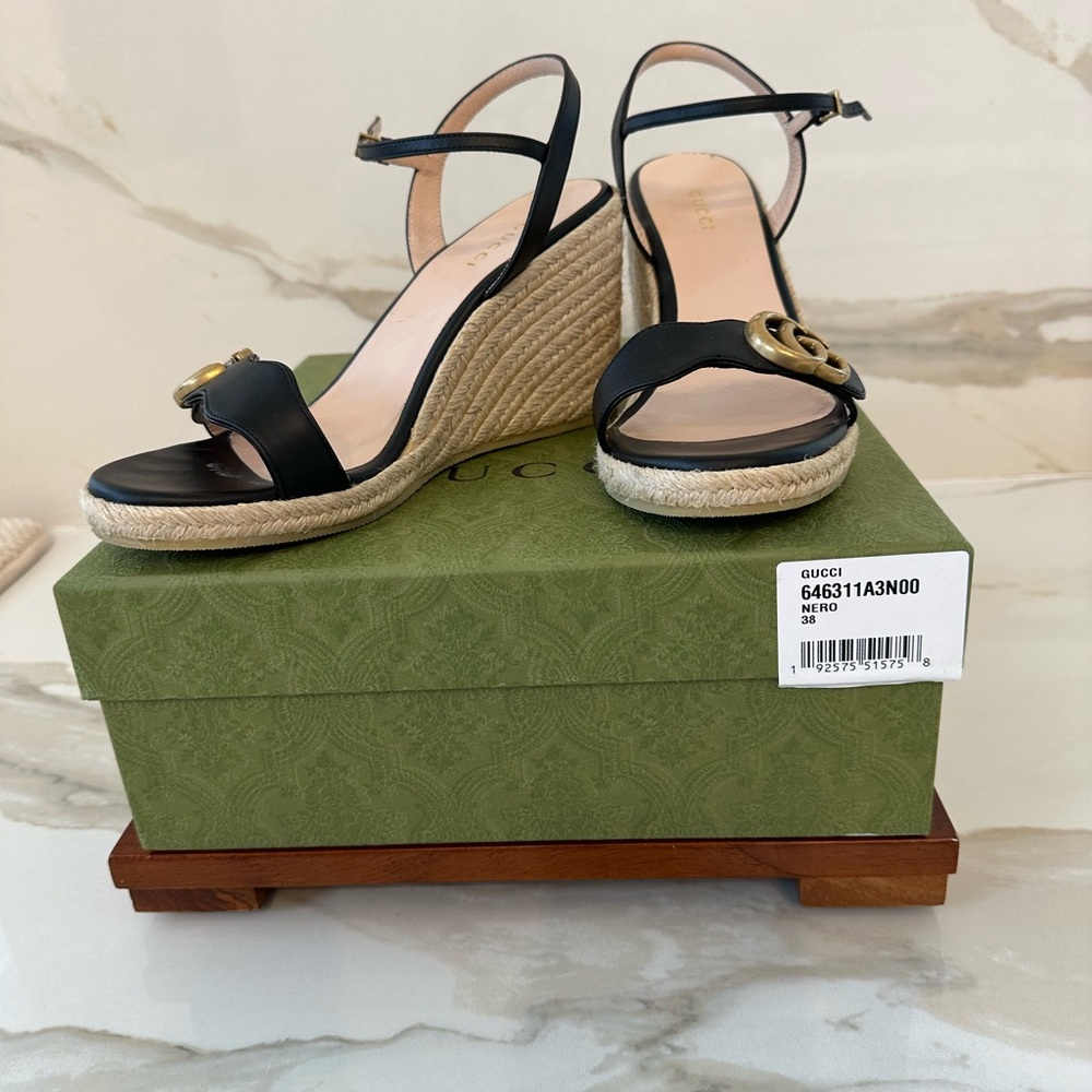 Gucci Black Leather Rope-Wedge Sandals with Gold Double-G Size 38